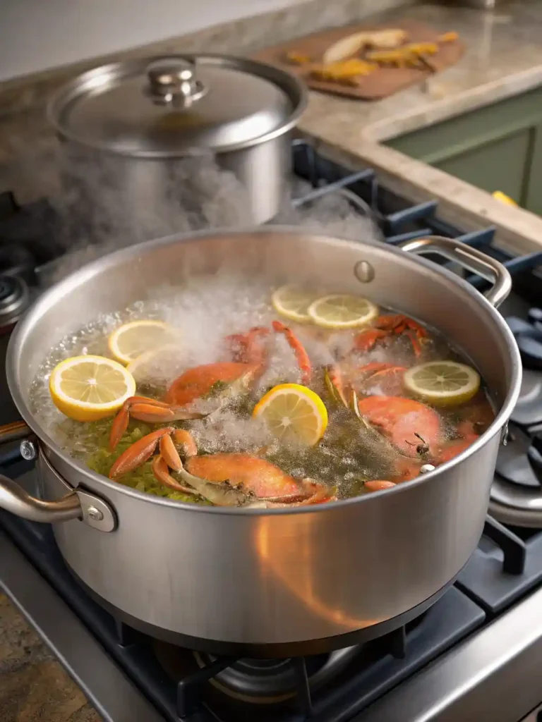 rab legs boiling in a pot of salted water with lemon.