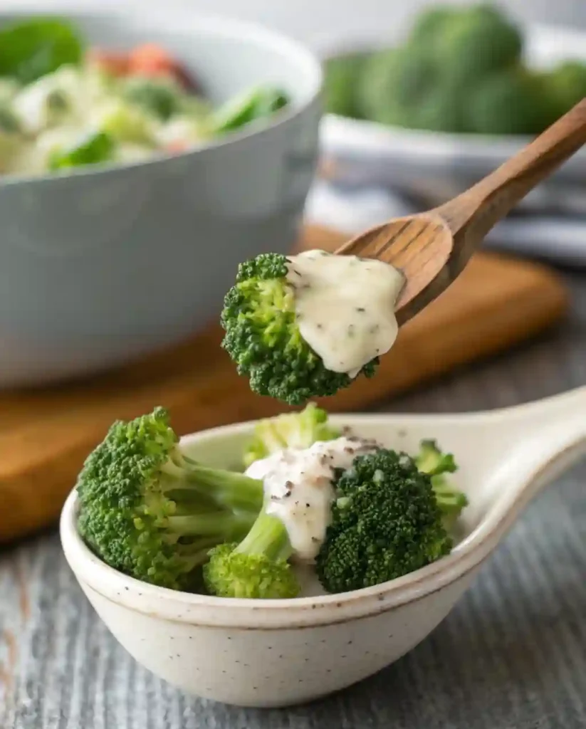 Close-Up of Broccoli and Creamy Dressing