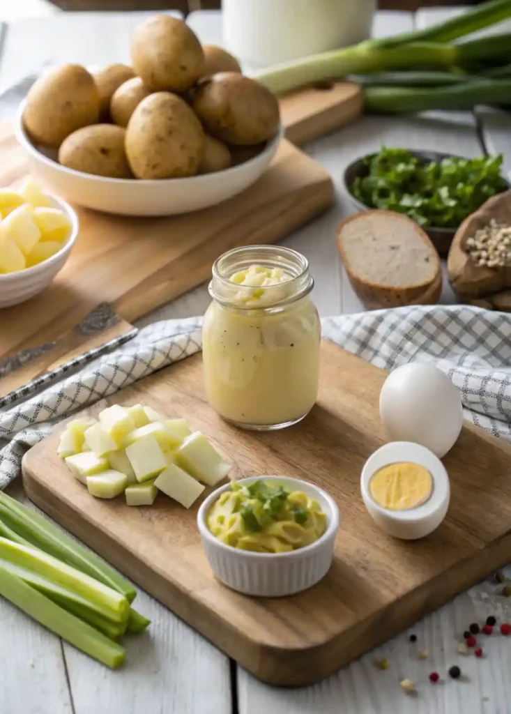 Raw ingredients for Southern potato salad laid out on a kitchen board.

