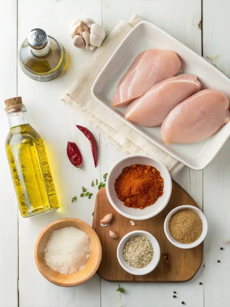 Raw chicken and spices arranged on a counter