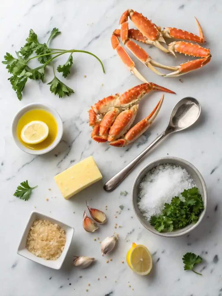 All ingredients for cooking crab legs arranged on a marble surface.