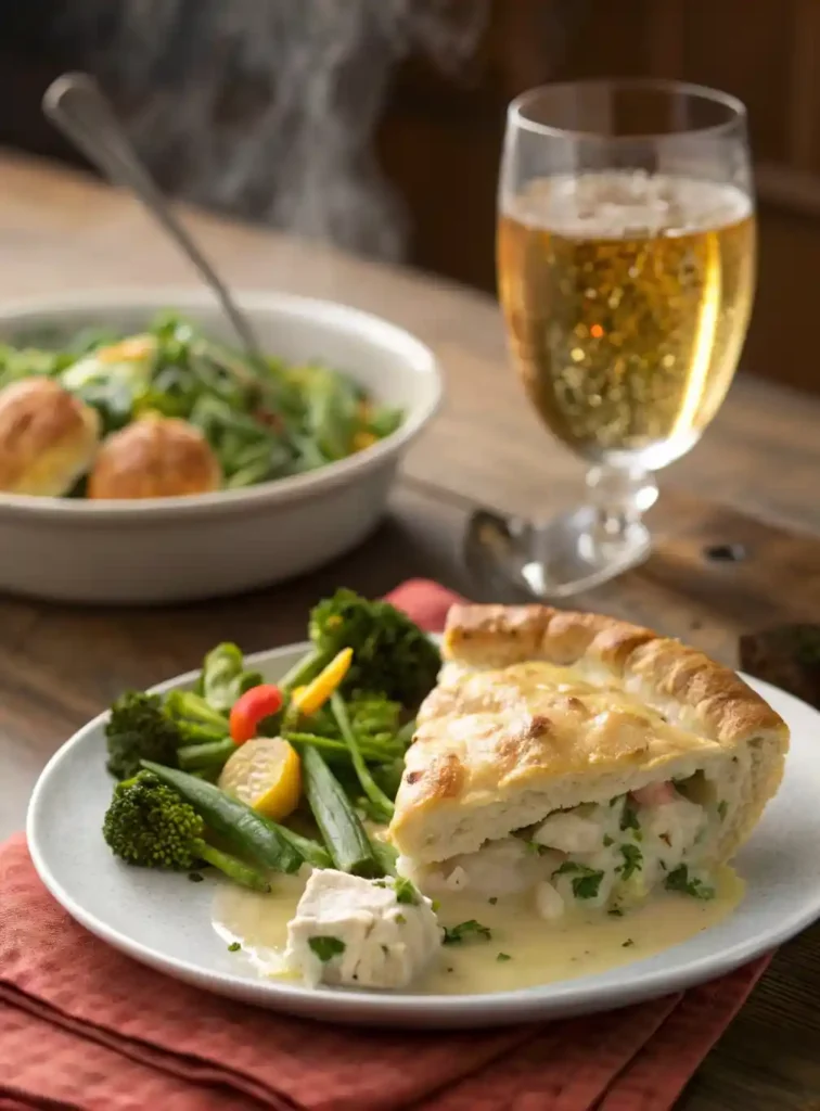 Slice of biscuit-topped pot pie served with green salad, roasted broccoli, and sparkling cider.

