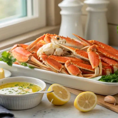 Cooked crab legs on a platter with garlic butter dip and lemon wedges.