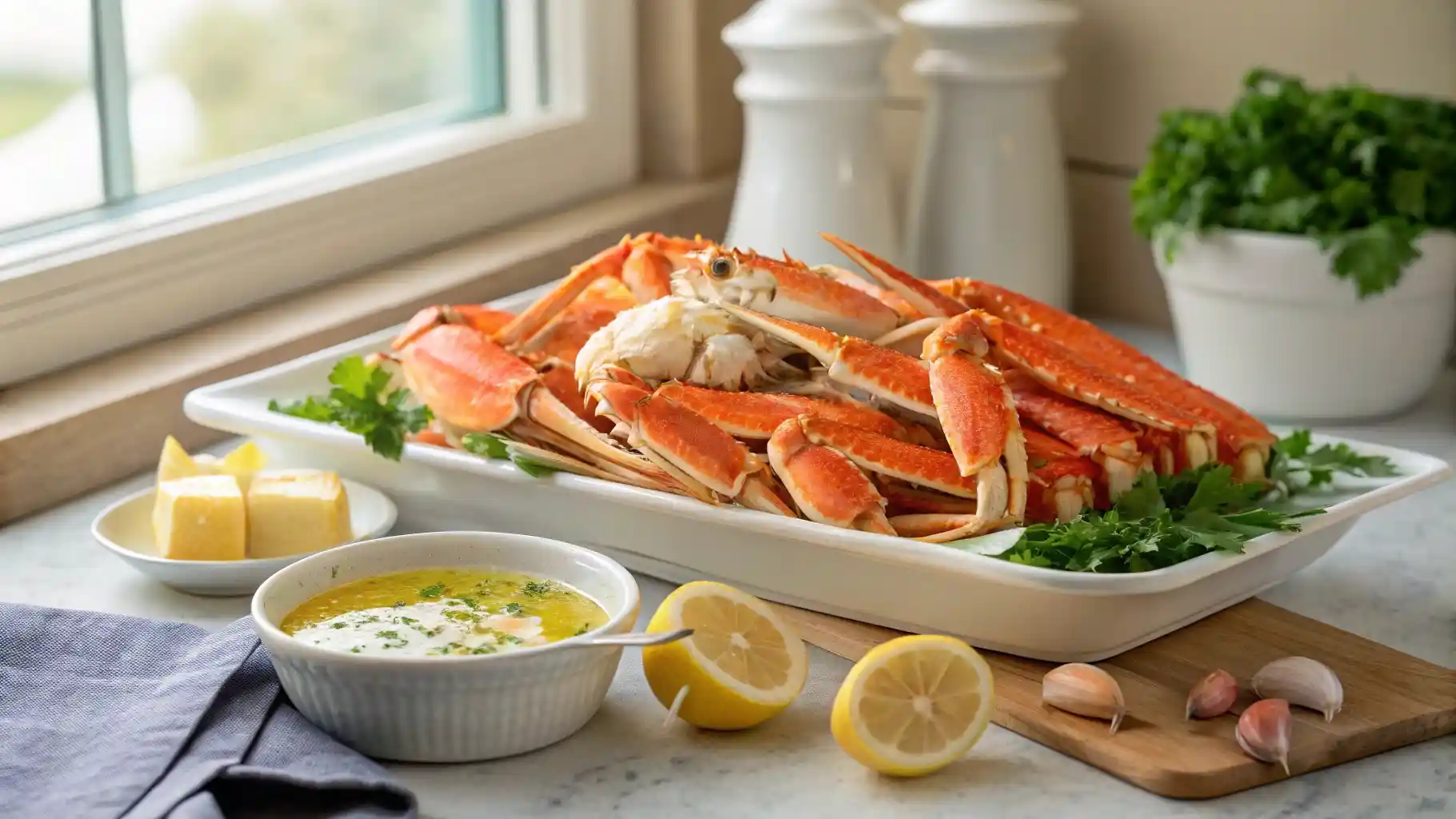 Cooked crab legs on a platter with garlic butter dip and lemon wedges.