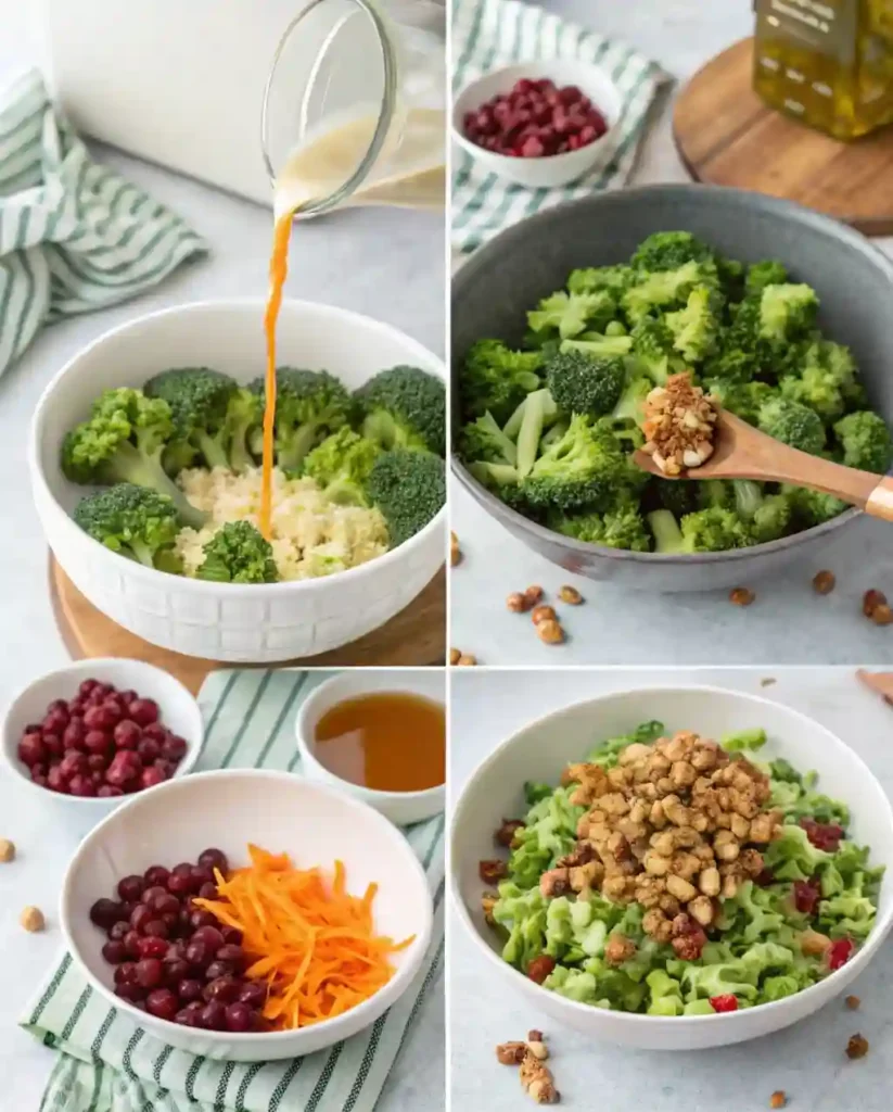 Hands tossing broccoli salad in a large bowl with wooden tongs