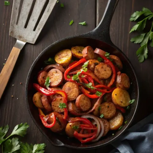 Skillet of browned kielbasa with potatoes and peppers on a wooden table.
