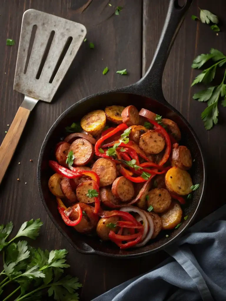 Skillet of browned kielbasa with potatoes and peppers on a wooden table.