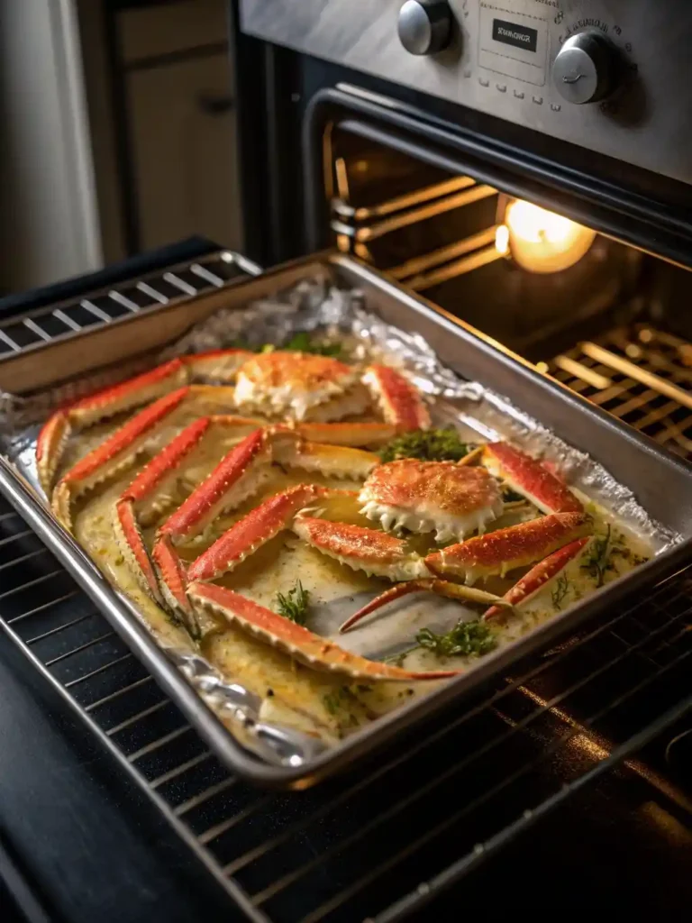 Butter-brushed crab legs baking on a sheet pan.