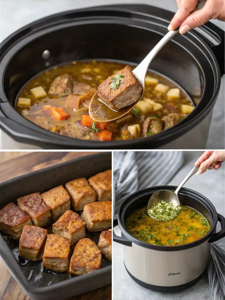 Step-by-step scenes of preparing no peek beef tips


