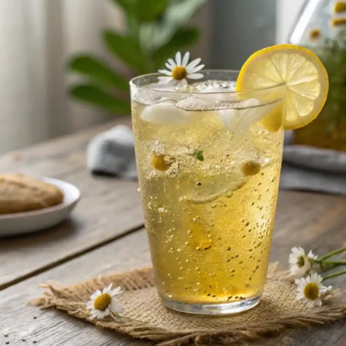 Golden iced cortisol cocktail garnished with lemon slice, chamomile flowers, and fresh ginger-turmeric strands on a wooden table.