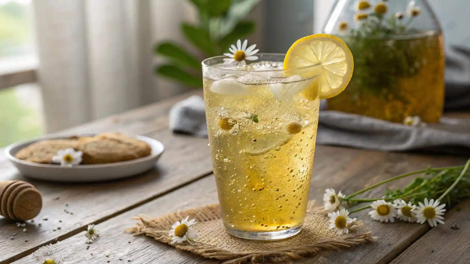 Golden iced cortisol cocktail garnished with lemon slice, chamomile flowers, and fresh ginger-turmeric strands on a wooden table.
