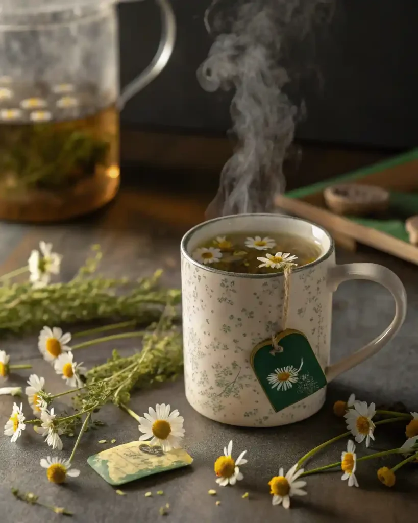 Hot herbal tea being strained over ice into a glass.