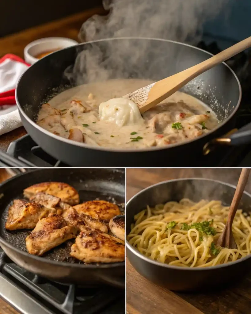 Step-by-step cooking scenes of Monterey Chicken Spaghetti in progress