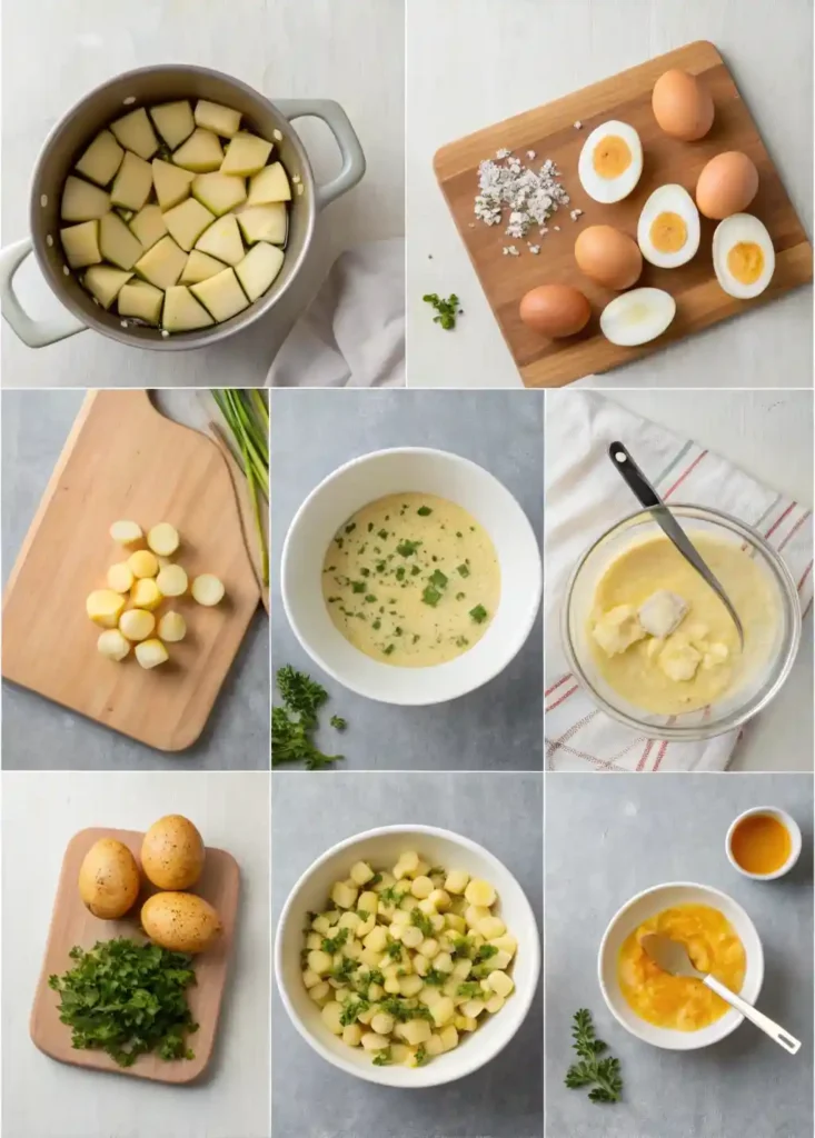 Step-by-step preparation of Southern potato salad including boiling, mixing, and folding.