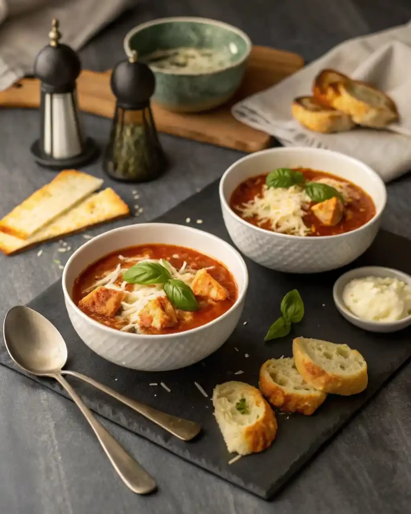 Bowls of chicken parmesan soup served with garlic bread and extra cheese.
