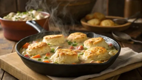 Overhead view of chicken pot pie with golden Cheddar Bay biscuits in a cast-iron skillet.