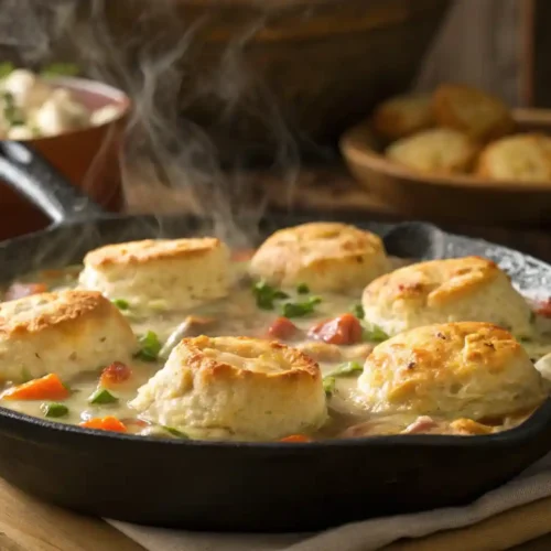 Overhead view of chicken pot pie with golden Cheddar Bay biscuits in a cast-iron skillet.
