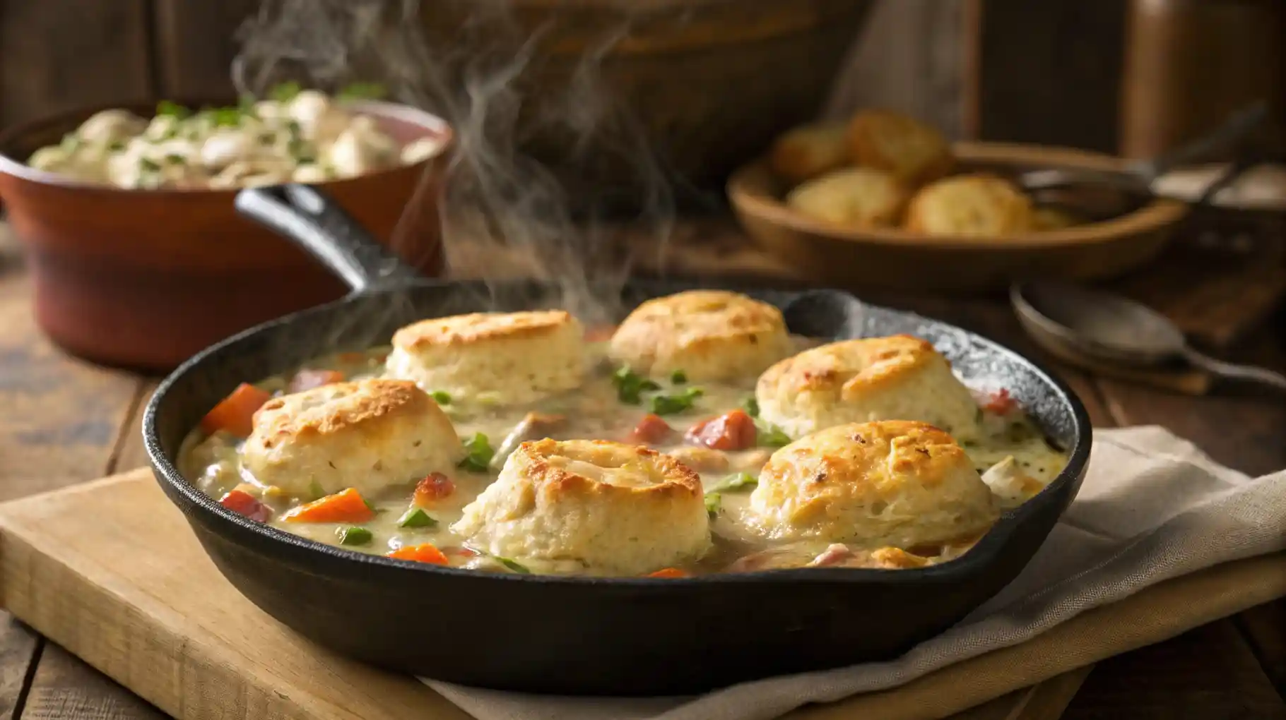 Overhead view of chicken pot pie with golden Cheddar Bay biscuits in a cast-iron skillet.