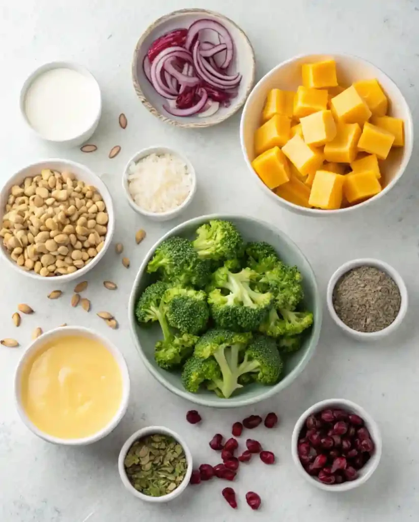 Flat lay of fresh broccoli salad ingredients on a wooden surface