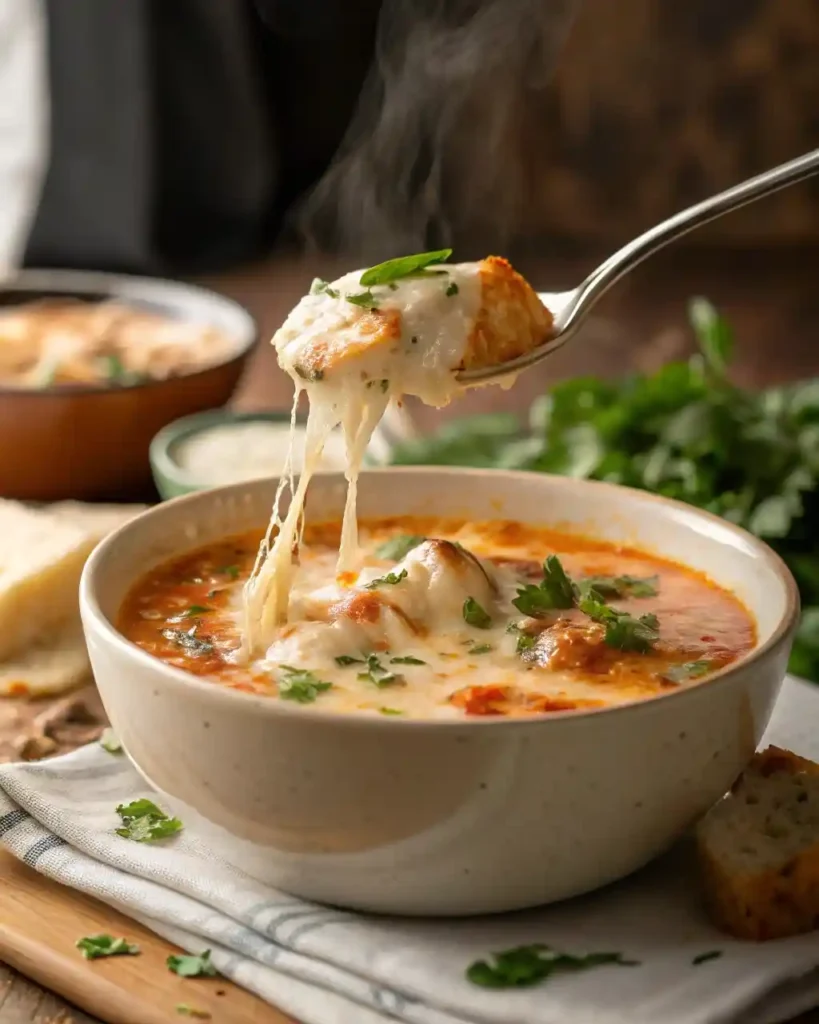 Spoon lifting chicken parmesan soup with melted mozzarella stretching from bowl.