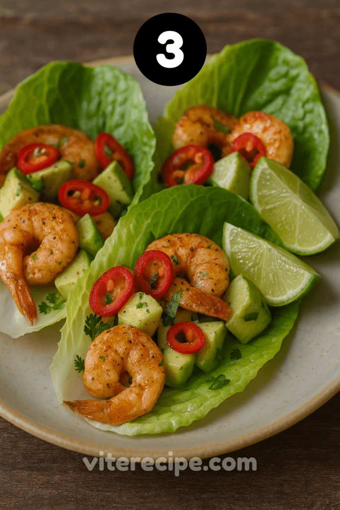 Chili lime shrimp lettuce cups with avocado cubes red chili slices cilantro and lime wedges on a rustic plate.