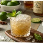 Mai Tai ingredients and finished drink displayed on rustic table