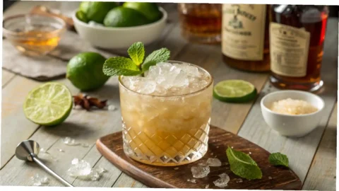 Mai Tai ingredients and finished drink displayed on rustic table