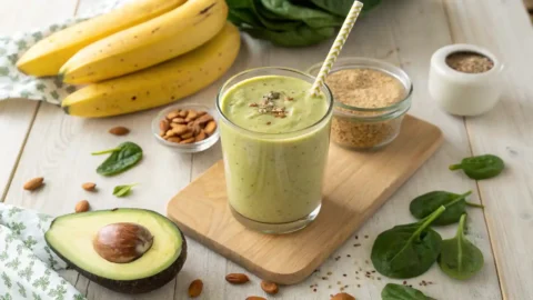 Creamy avocado banana smoothie in a glass with fresh ingredients on a wooden table