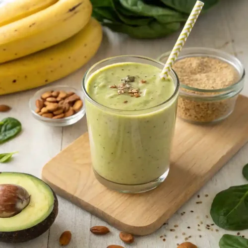 Creamy avocado banana smoothie in a glass with fresh ingredients on a wooden table