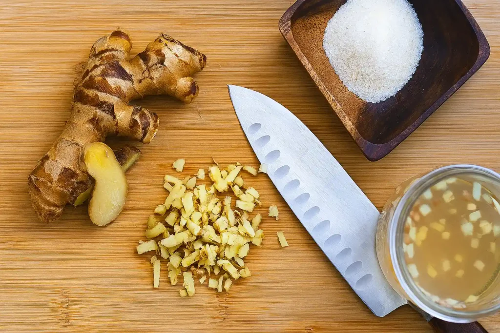 Person holding spoon of fizzy ginger bug with ingredients on table