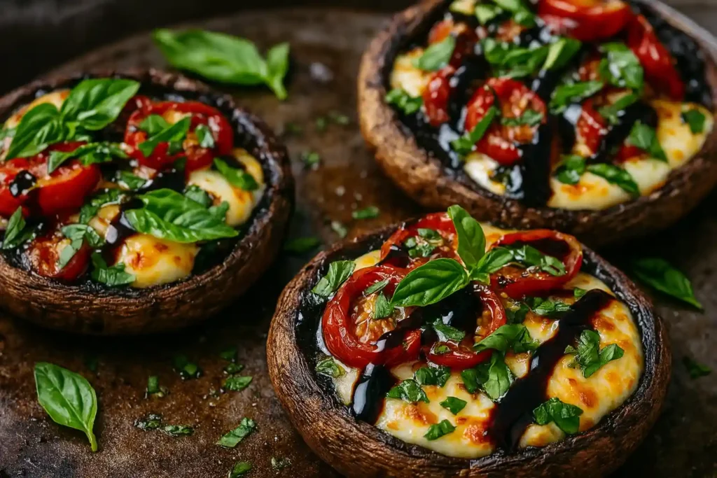 Freshly baked Caprese stuffed portobello mushroom topped with tomatoes, mozzarella, basil, and balsamic glaze on a rustic plate