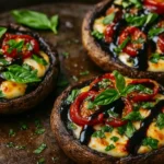 Freshly baked Caprese stuffed portobello mushroom topped with tomatoes, mozzarella, basil, and balsamic glaze on a rustic plate