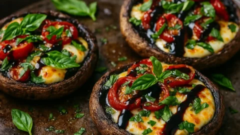 Freshly baked Caprese stuffed portobello mushroom topped with tomatoes, mozzarella, basil, and balsamic glaze on a rustic plate