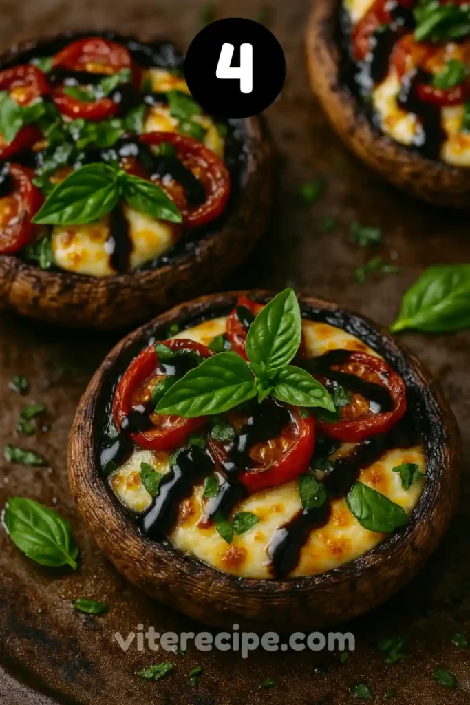 Freshly baked Caprese stuffed portobello mushroom topped with tomatoes, mozzarella, basil, and balsamic glaze on a rustic plate