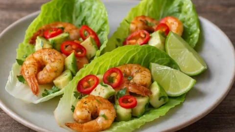 Chili lime shrimp lettuce cups with avocado cubes red chili slices cilantro and lime wedges on a rustic plate.