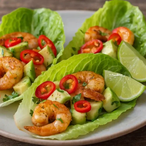 Chili lime shrimp lettuce cups with avocado cubes red chili slices cilantro and lime wedges on a rustic plate.