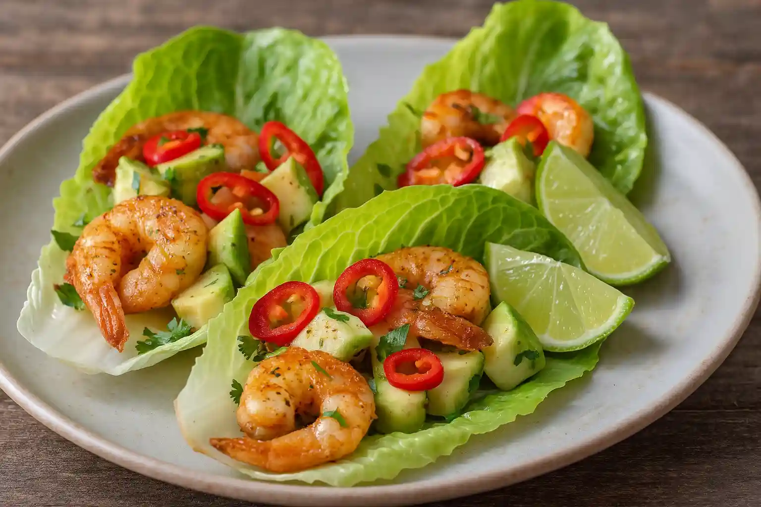 Chili lime shrimp lettuce cups with avocado cubes red chili slices cilantro and lime wedges on a rustic plate.