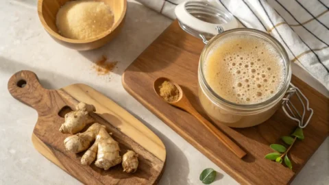 Flat lay of chopped ginger, raw sugar, and a jar of fermenting ginger bug on a wooden cutting board