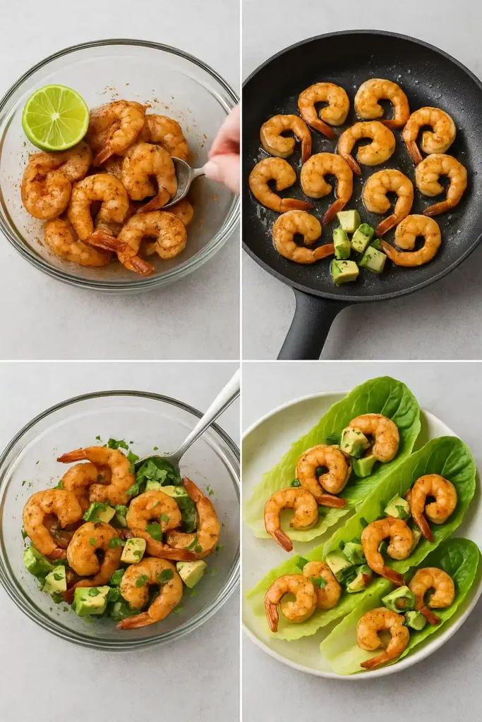 Step-by-step collage of cooking shrimp wraps.