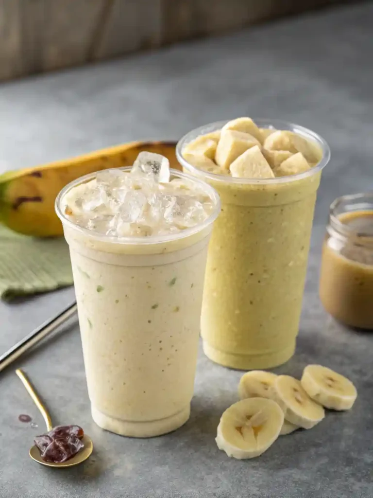 Labeled avocado banana smoothie ingredients on counter