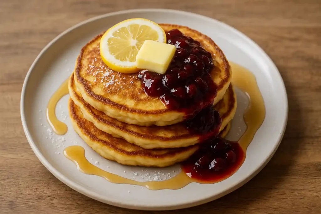 Round pancake cooking in a metal ring on a hot griddle.