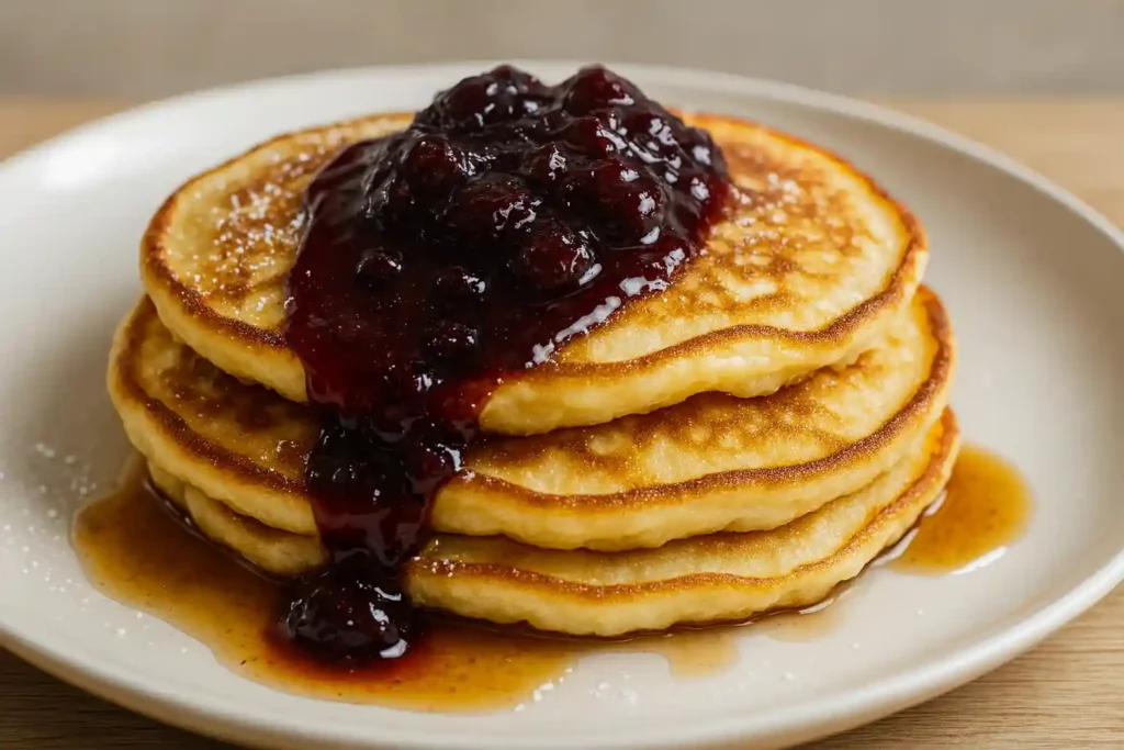 Fluffy lemon ricotta pancakes with cherry sauce butter and maple syrup on a rustic plate