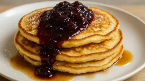 Fluffy lemon ricotta pancakes with cherry sauce butter and maple syrup on a rustic plate
