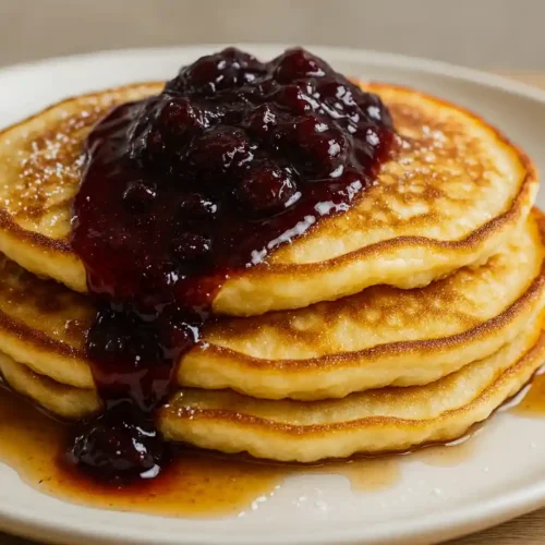 Fluffy lemon ricotta pancakes with cherry sauce butter and maple syrup on a rustic plate