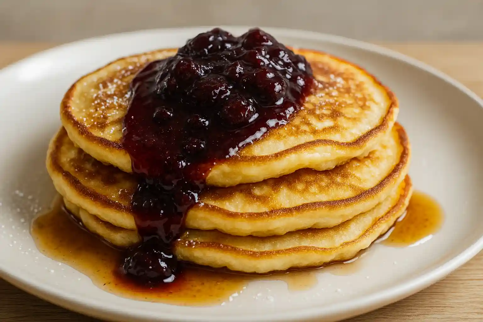 Fluffy lemon ricotta pancakes with cherry sauce butter and maple syrup on a rustic plate