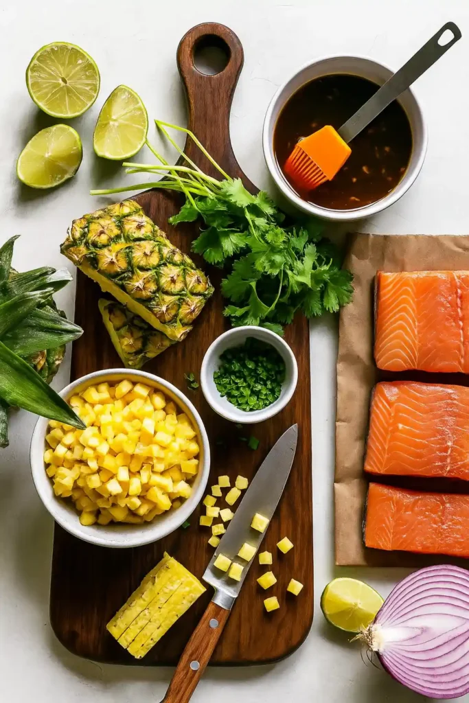 Raw ingredients for Grilled Salmon with Pineapple Salsa recipe arranged on a board