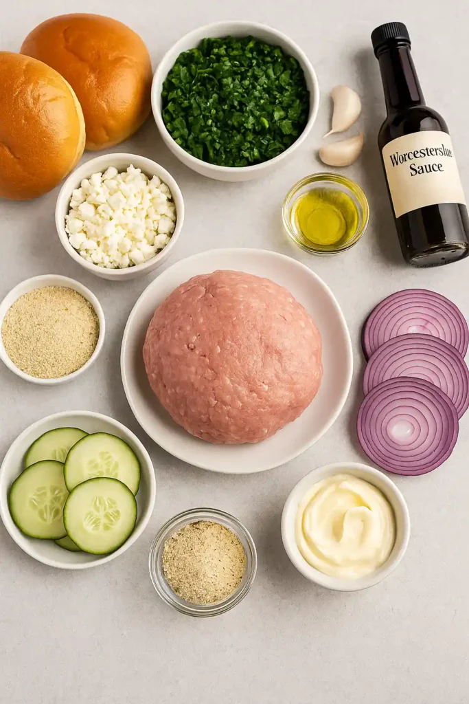 Flat-lay of all ingredients for spinach and feta turkey burgers