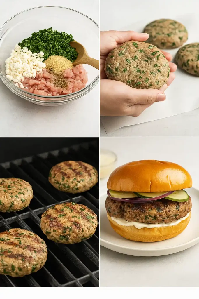 Step-by-step collage of mixing, shaping, grilling and assembling turkey burgers