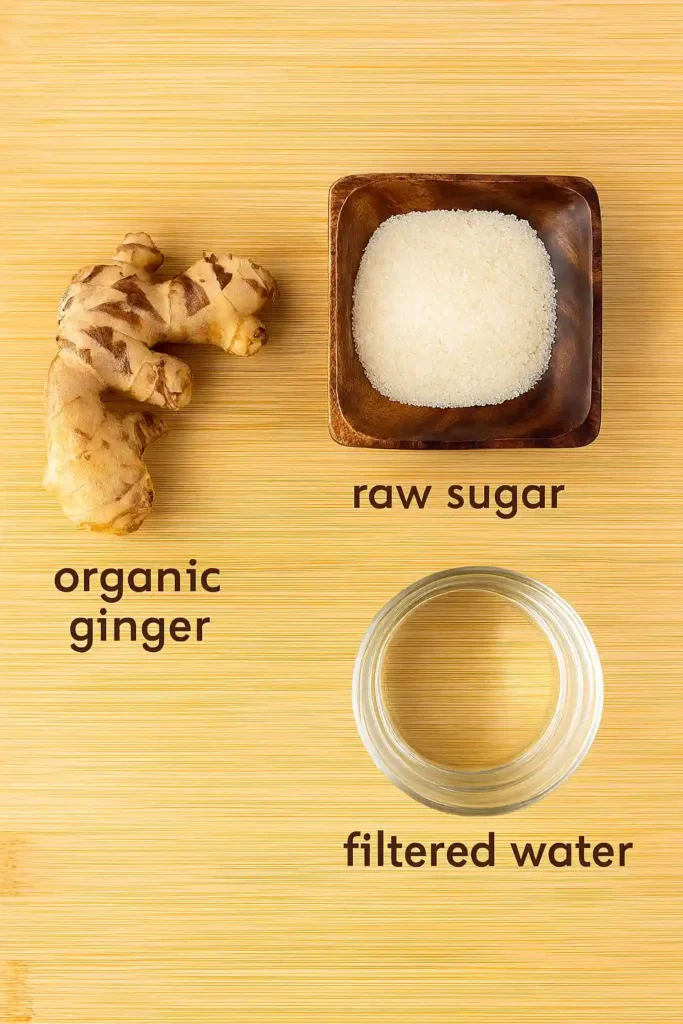Organic ginger, raw sugar, and water arranged for fermentation