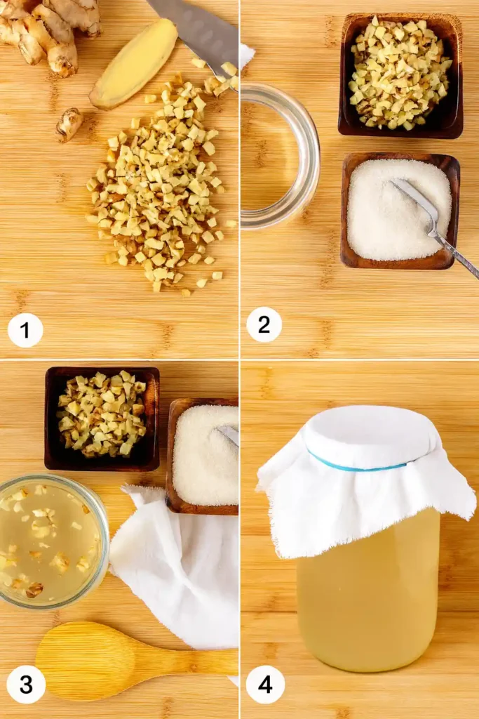 Four photo collage showing ginger bug preparation from start to cover